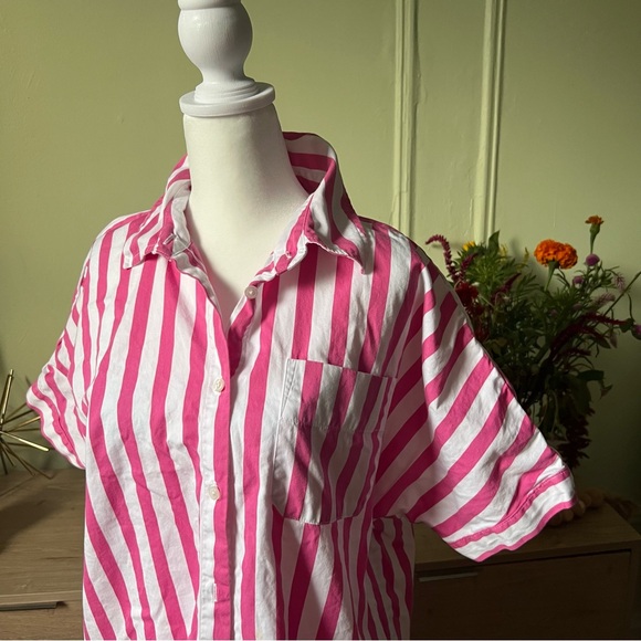A NEW DAY Pink Stripe Relaxed Fit Button Down Shirt Cotton Midi Mini Dress Sz S - Picture 6 of 16